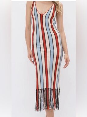 G/FORE Striped Midi Dress in Red, Light Blue & Cream with Fringe